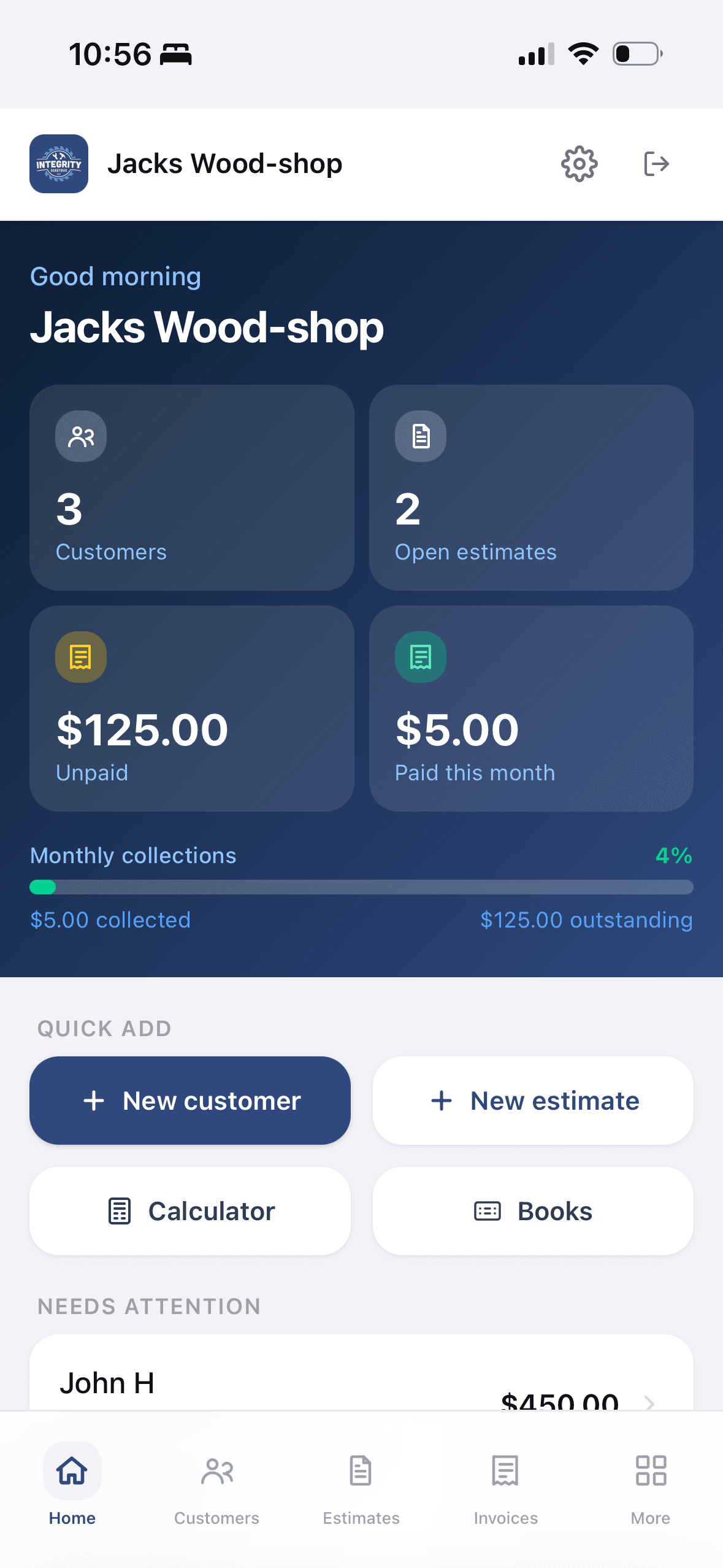 Job Assistant dashboard showing customers, open estimates, and unpaid invoices