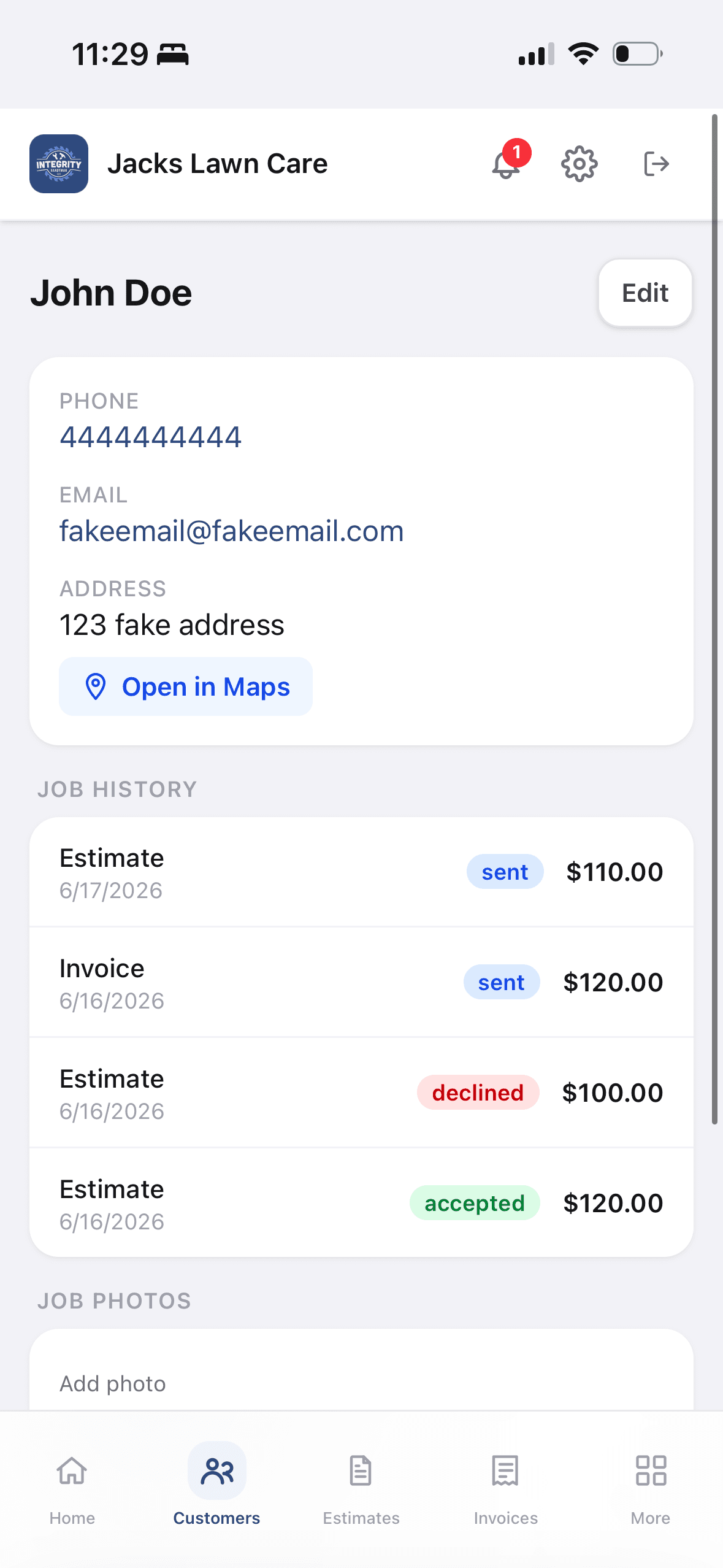 Job Assistant dashboard showing customers, open estimates, and unpaid invoices