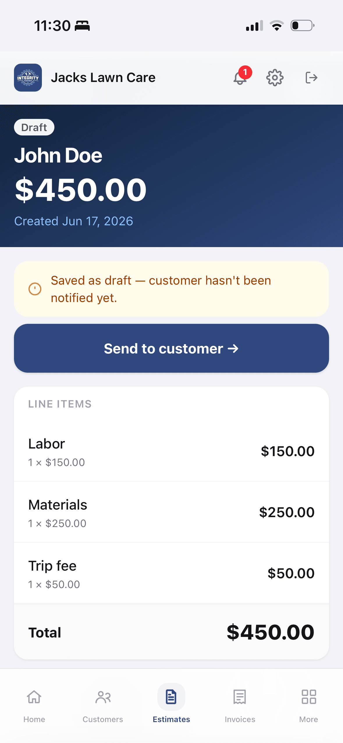 Estimate detail with line items, total, and send to customer button
