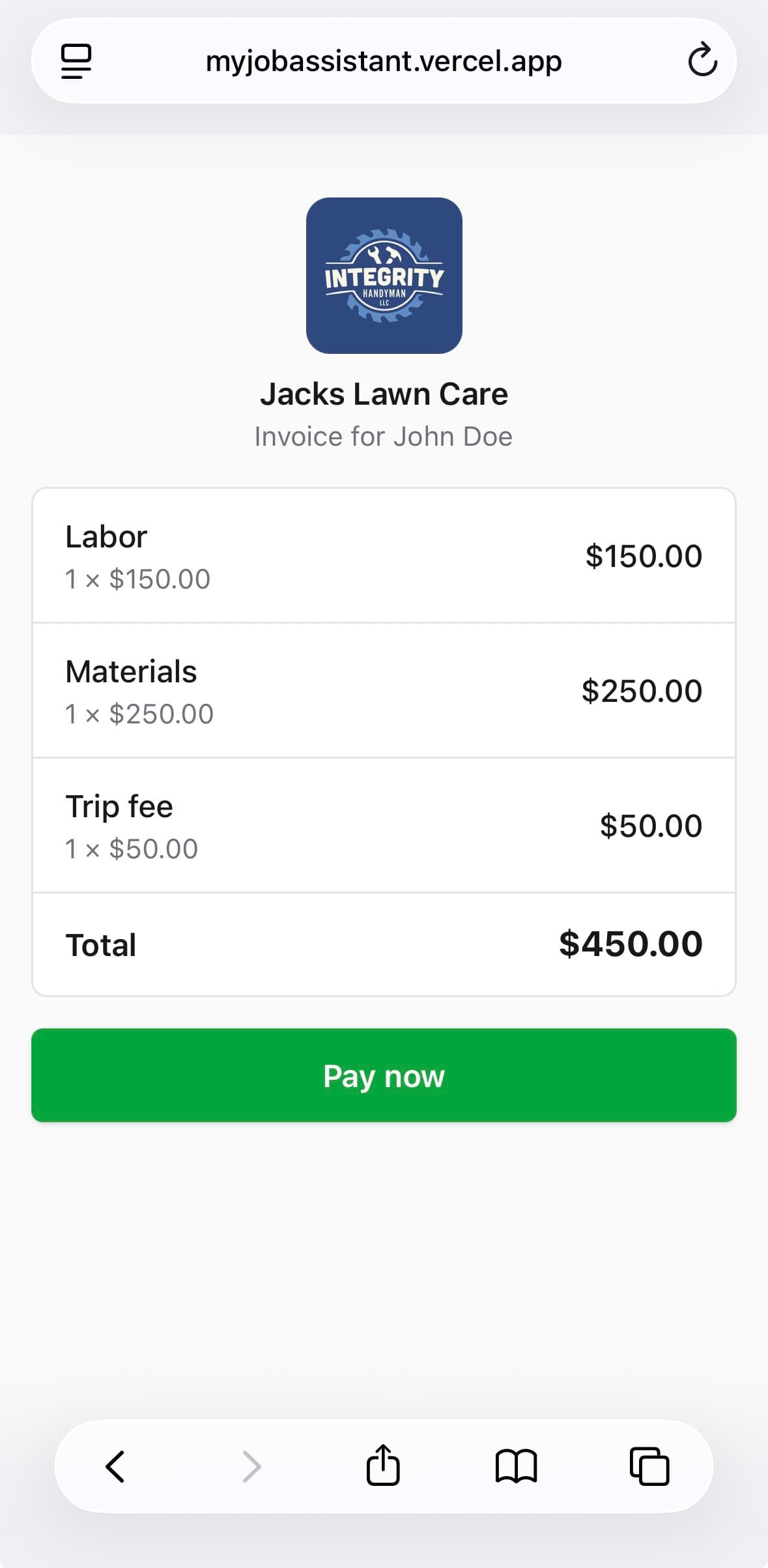 Customer payment page with line items and Pay now button