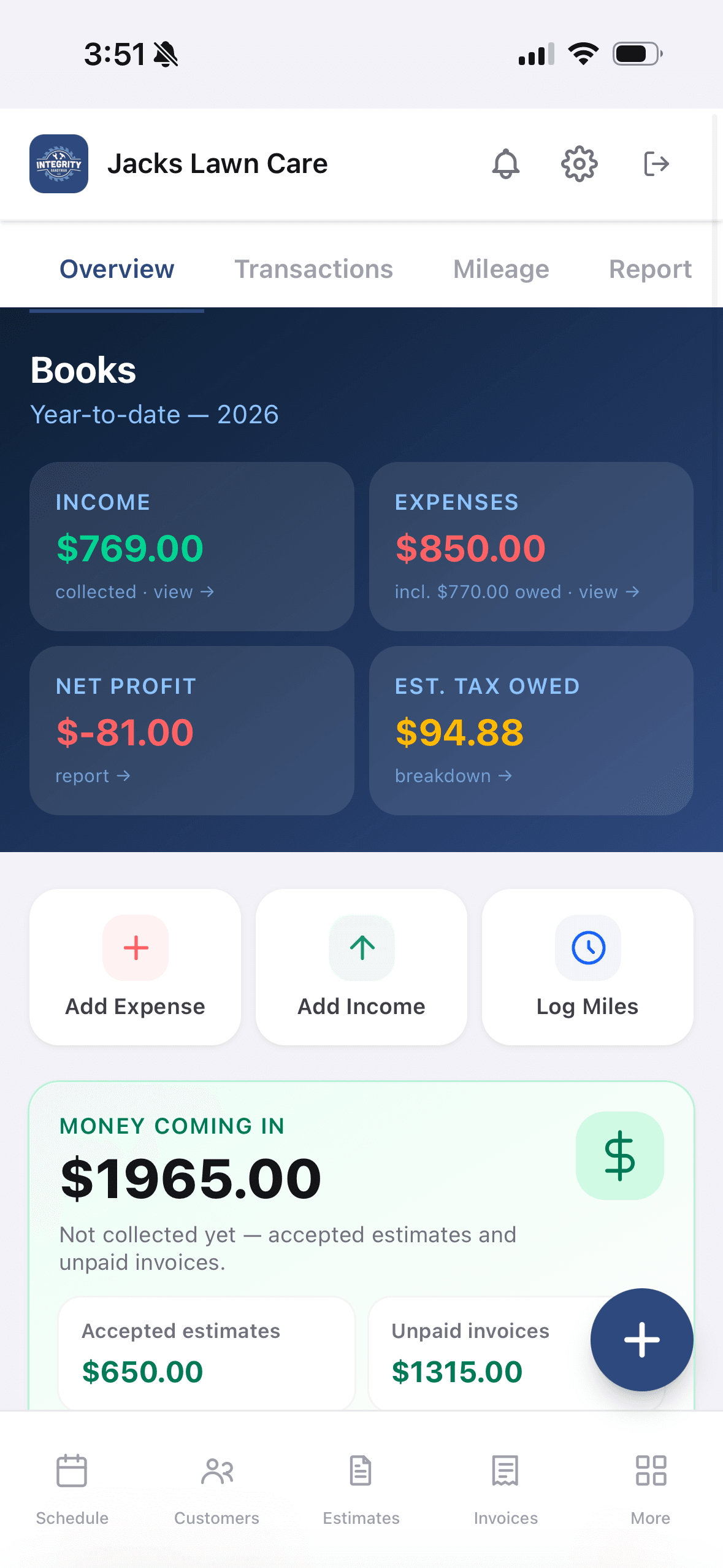 Job Assistant Books showing income, expenses, net profit, and tax set-aside