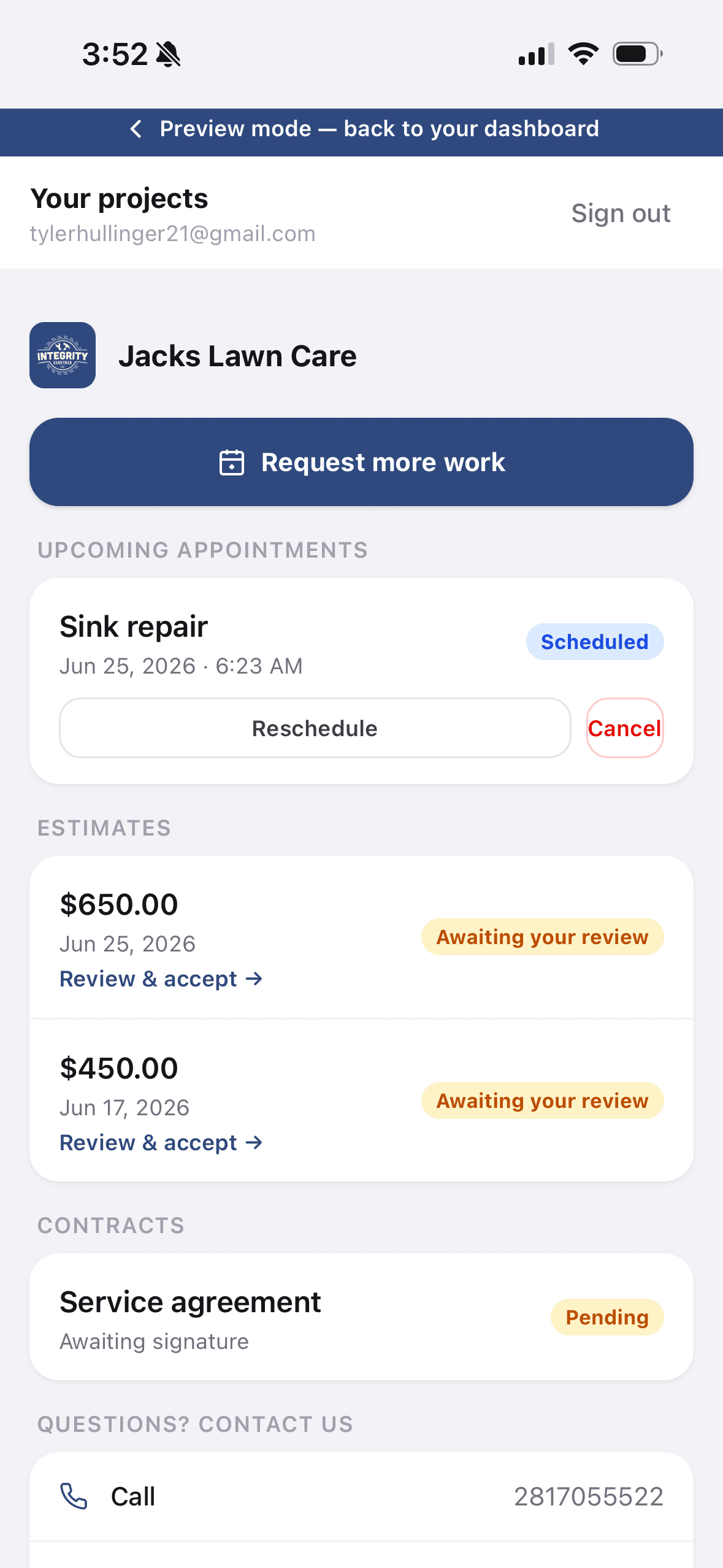 Customer portal showing estimates, invoices and appointments
