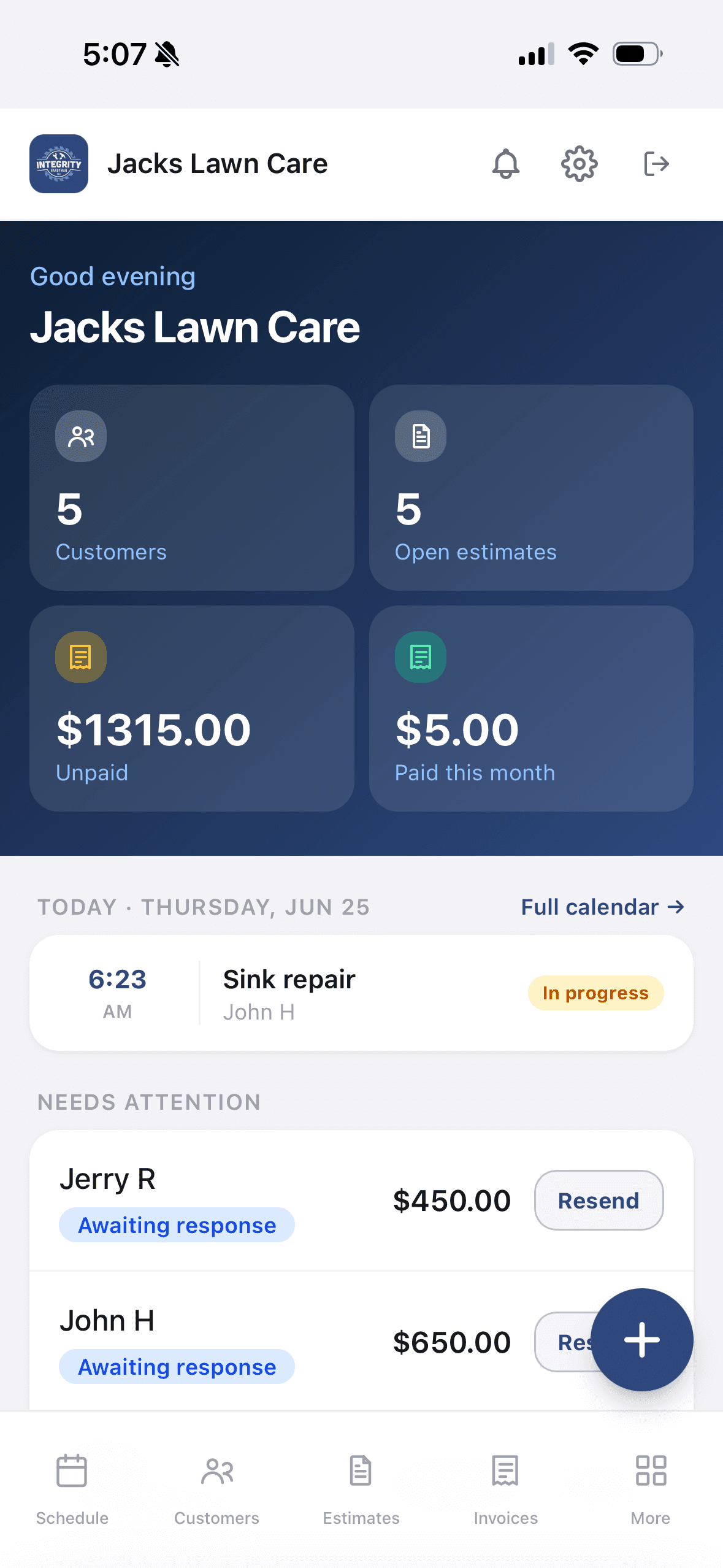 Job Assistant dashboard showing customers, open estimates, unpaid total, today's schedule, and jobs needing attention